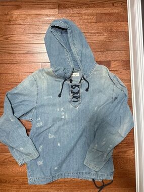 Saint Laurent Paris Distressed Denim Lace-up Hoodie - Large